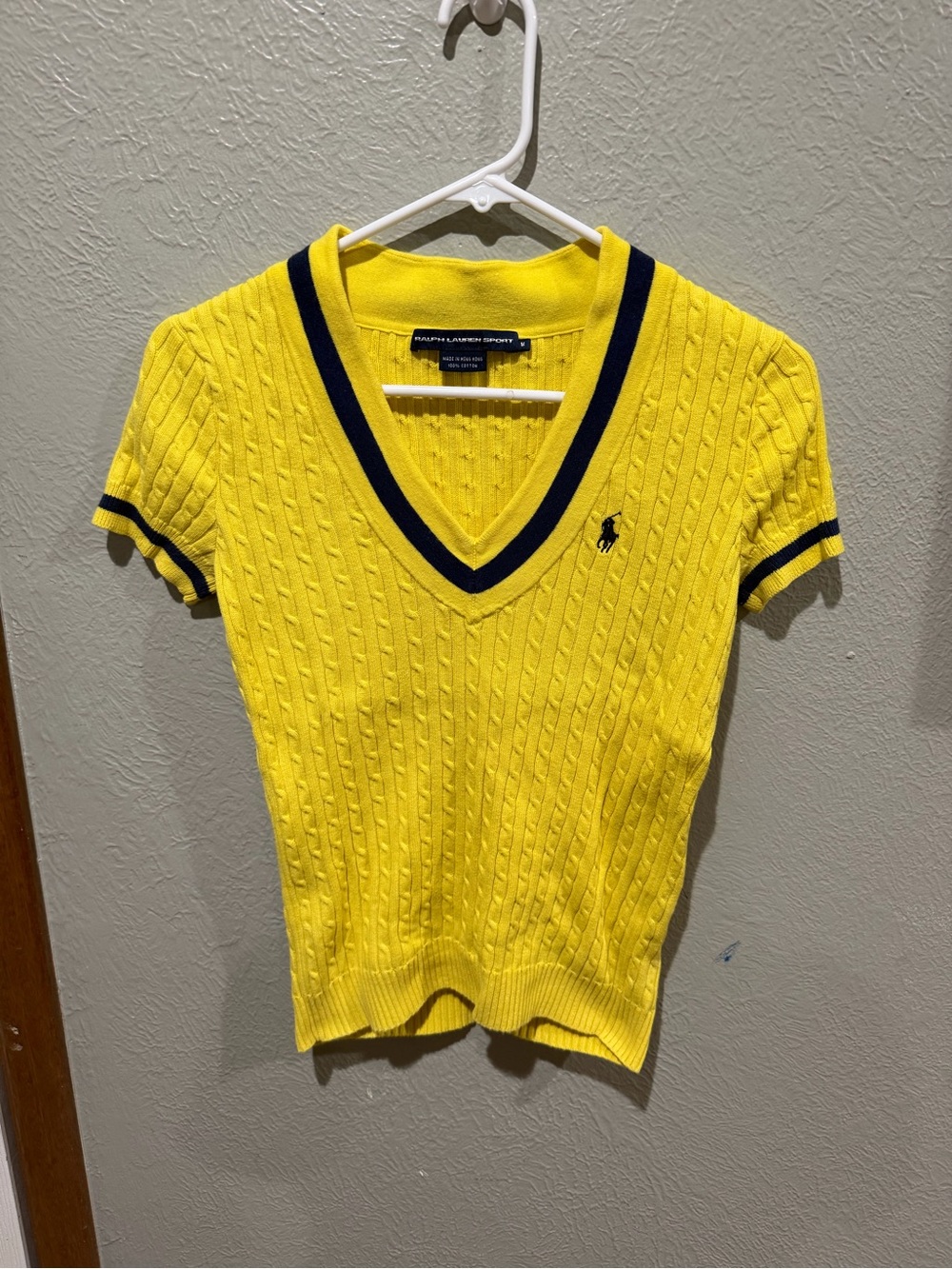 Ralph Lauren Bright Yellow Cable-Knit V-Neck Tee with Navy Trim